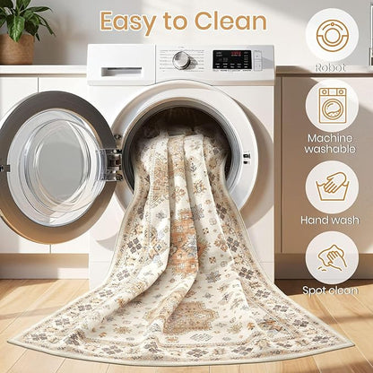 Washable Area Rugs for Living Room - 7x9 Neutral Vintage Distressed Floral Farmhouse Boho Large Soft Floor Rug Indoor Non Slip Carpet for Living Room Bedroom Dining Room Office - Orange/Yellow/Beige