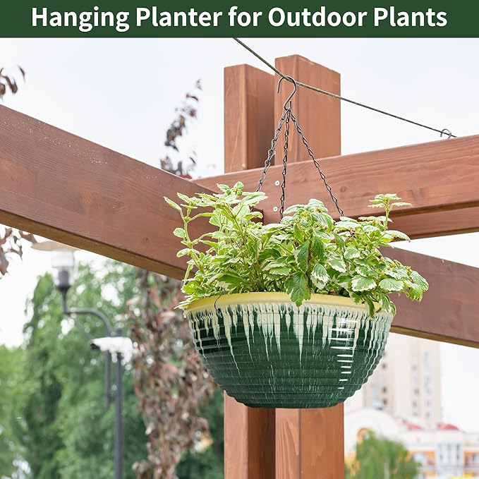 12 inch Large Hanging Planters for Indoor Outdoor Plants, Set of 2 Glazed Hanging Flower Pots with Drainage Hole, Hanging Baskets for Garden Home Porch Decor