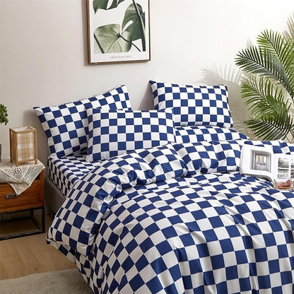 Wellboo Blue and White Comforter Sets Twin Women Men Diamond Royal Blue Checkerboard Grid Bedding Comforters Cotton Modern Jewelry Blue Checkered Geometric Quilts Luxury Sapphire Buffalo Plaid Bed