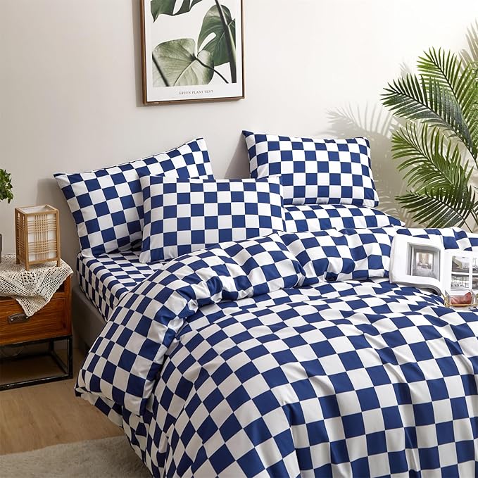 Wellboo Blue and White Comforter Sets King Women Men Diamond Royal Blue Checkerboard Grid Bedding Comforters Cotton Modern Jewelry Blue Checkered Geometric Quilts Luxury Sapphire Buffalo Plaid Bed