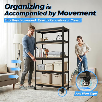 HOMEDANT House 5-Tier Metal Rolling Cart Shelf Rack Casters Heavy Duty Laminated Wheel Shelving Unit Adjustable Utility Storage Shelves Organizer Shelf Kitchen Garage 24.4" W x 16.5" D x 62.2" H 1Pack