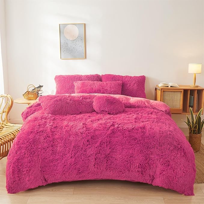 Fluffy Faux Fur hot pink Comforter Cover Set Queen - Ultra Soft Plush hot pink Bedding Sets 3 Pieces (1 fluffy duvet cover + 2 Faux Fur Pillow case) Cute hot pink Bed Set (Hot pink, Queen)