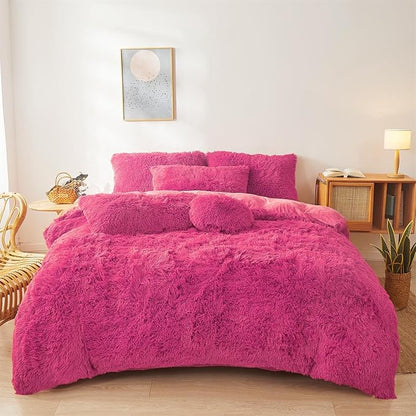 Fluffy Faux Fur hot pink Comforter Cover Set Queen - Ultra Soft Plush hot pink Bedding Sets 3 Pieces (1 fluffy duvet cover + 2 Faux Fur Pillow case) Cute hot pink Bed Set (Hot pink, Queen)