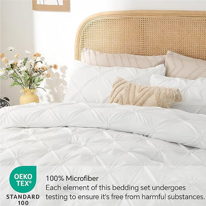 BEDELITE White King Size Comforter Set - 3 Pieces Boho Pintuck Bedding Comforter Sets, Lightweight Soft & Warm King Bedding Set with 2 Pillowcases for All Season