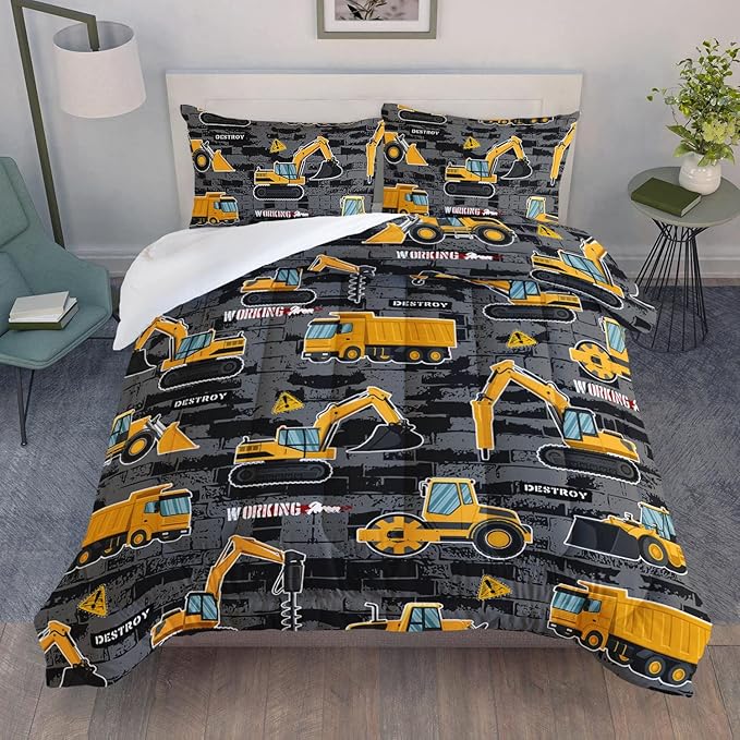 Datura home Kids Engineering Car Bedding Comforter Set Tractor Truck Printed Pattern with 1 and 2 Pillowcases for Boys Bedroom All Season(Truck2 Queen) Queen 90x90inches