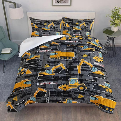 Datura home Kids Engineering Car Bedding Comforter Set Tractor Truck Printed Pattern with 1 and 2 Pillowcases for Boys Bedroom All Season(Truck2 Queen) Queen 90x90inches