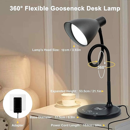 Desk Lamp with Wireless Charger, 12W 1000LM Touch Dimmable Reading Lamp with USB Charging Port, 5 Colors 6 Brightness Eye Care Bedside Table Lamp Gooseneck Desk Light for Home Office