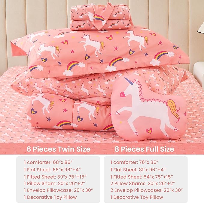 Mooreeke Twin Size Comforter Sets for Girls Kids, 6 Pieces Bed in a Bag Pink Unicorn Rainbow Bedding Comforter Sheet Set with Shams and Decorative Toy Pillow, Ultral Soft Microfiber Kids Bed Set