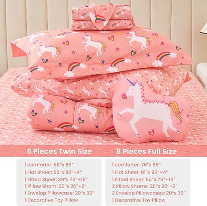 Mooreeke Twin Size Comforter Sets for Girls Kids, 6 Pieces Bed in a Bag Pink Unicorn Rainbow Bedding Comforter Sheet Set with Shams and Decorative Toy Pillow, Ultral Soft Microfiber Kids Bed Set