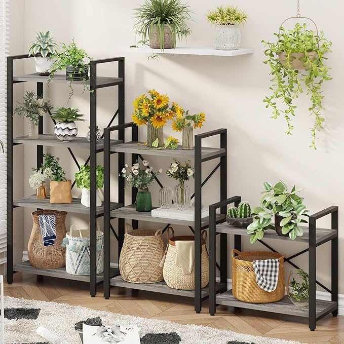 BON AUGURE Industrial 4 Tier Bookshelf, Modern Open Etagere Bookcase, Wood Metal Book Shelves for Living Room, Bedroom and Office (Dark Gray Oak)