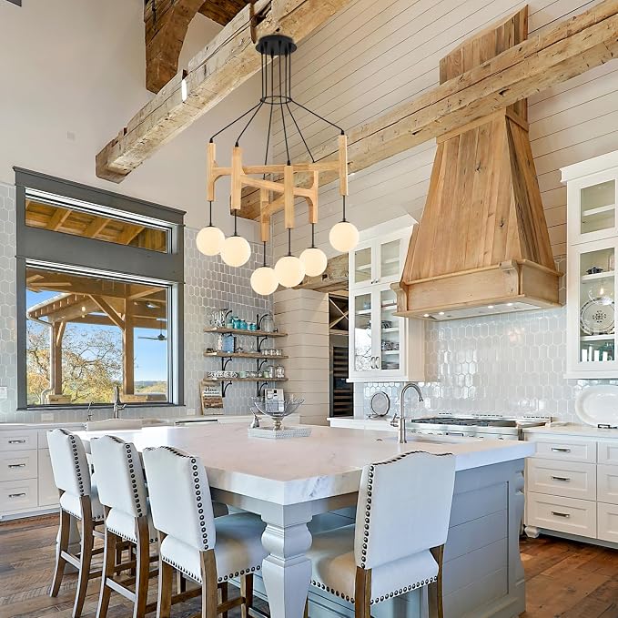 Wooden Chandeliers L28 '' Natural Farmhouse 6-Light Milk Glass Pendant Light Rustic Mid Century Long Hanging Lighting for Living Dining Room Entryway Foyer Bedroom Kitchen,G9