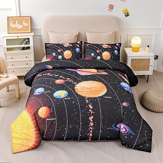 6 Pcs Solar System Comforter Set Full Outer Space Bedding Set Universe Planets Theme Comforter for Boys Kids Ultra-Soft (1 Comforter, 2 Pillowcases, 1 Flat Sheet, 1 Fitted Sheet,1 Pillowcover)