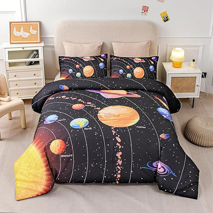 6 Pcs Solar System Comforter Set Full Outer Space Bedding Set Universe Planets Theme Comforter for Boys Kids Ultra-Soft (1 Comforter, 2 Pillowcases, 1 Flat Sheet, 1 Fitted Sheet,1 Pillowcover)