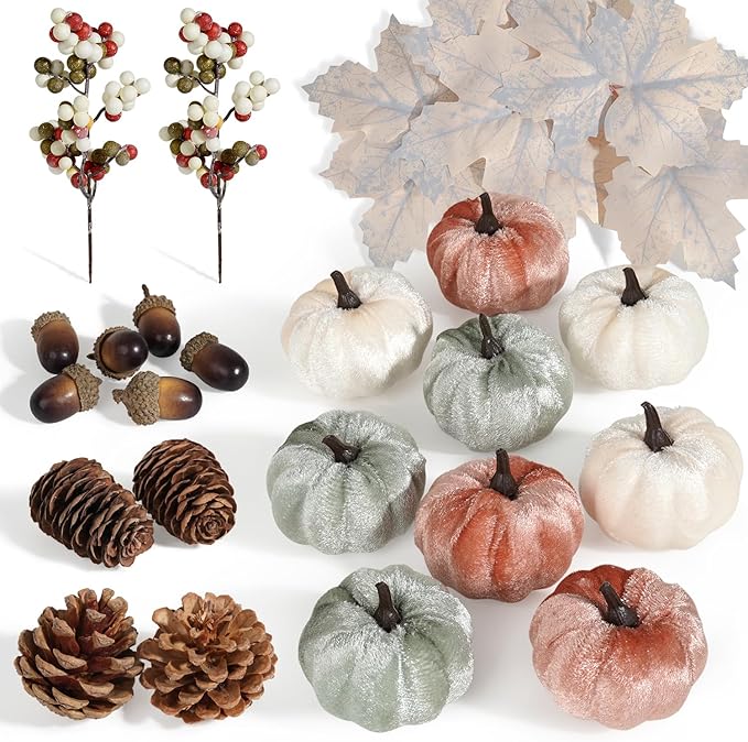 Artmag 25 PCS Pumpkin Decor Set, Artificial Fabric Pumpkins Decor with Acorns, Pinecones, Berries, Maple Leaves for Fall Halloween Thanksgiving Decorations Home Table