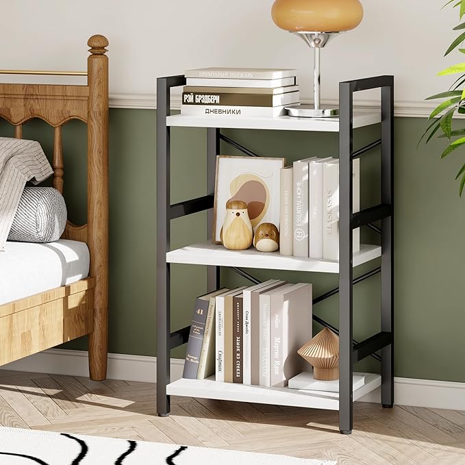 Bookshelf, 3 Tier Industrial Bookcase, Metal Small Bookcase, Rustic Etagere Book Shelf Storage Organizer for Living Room, Bedroom, and Home Office(White) Patent Pending D29873033