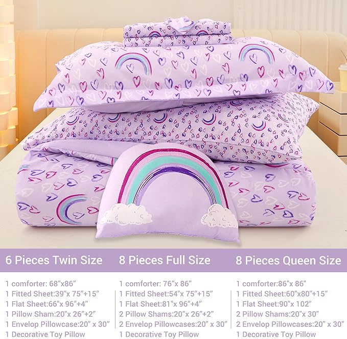 Mooreeke Twin Size Comforter Sets for Girls Kids, 6 Pieces Bed in a Bag Purple Love Rainbow Bedding Comforter Sheet Set with Shams and Decorative Toy Pillow, Ultral Soft Microfiber Kids Bed Set