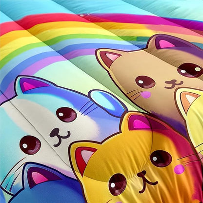 Rainbow Cat Comforter Full Size - Rainbow Cat Bedding for Girls Room Cute Cartoon Rainbow Bedding Full Comforter Sets for Kids, 1 Comforter+2 Pillowcases