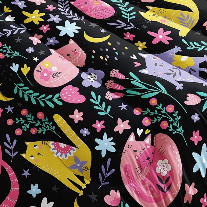 Floral Cat Comforter Full Size,Black Cats Comforter Set for Kids Teens Girls,3Pcs Bedding Set Printed Comforter with 2 Pillowcases,Down Alternative,Soft and Lightweight(Black，Full Size)