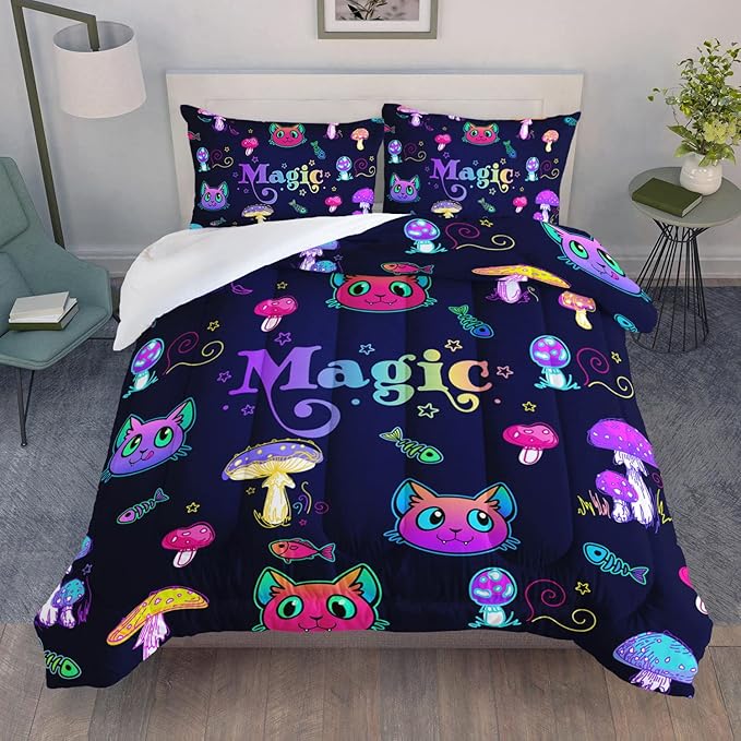Datura home Mushroom Cat Kids Comforter Bedding Set for Boys Girls, Cartoon Mixed Color Mushroom and Cute Cat Fishbone Pattern Comforter with 2 Pillowcases(Mushroom Cat Twin)