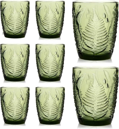 Green Drinking Glasses Set of 8, 10 oz Glass Cups, Vintage Fern Glassware | Hand-Pressed, Dishwasher Safe, Boho Leaf-Textured Drinkware, Colored Embossed Lowball Tumblers for Water, Retro Kitchen Gift