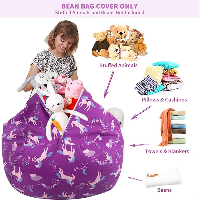 Aubliss Stuffed Animal Bean Bag Storage Chair (Purple Unicorn, Medium (32''))