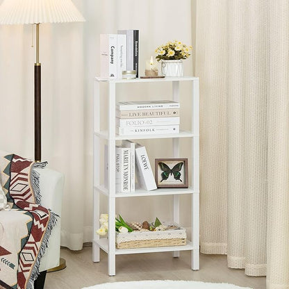 4 Tier Tall Wooden Bookshelf with Storage, Narrow Bookcase for Small Space, Small Book Shelf for Living Room, Office, Bedroom, Kitchen, Industrial, White