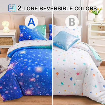 A Nice Night 6Pcs Gradient Glitter Bedding Set for Girls, Colorful Rainbow Galaxy Comforter Set, Ultra Soft Bedding Sets (Blue-Green,Queen 6Pcs)