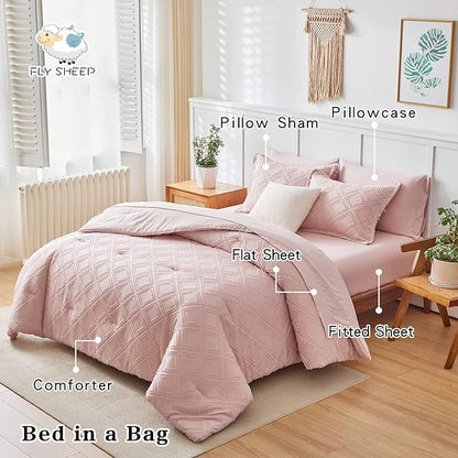 7 Pieces Tufted Bed in a Bag Queen Comforter Set with Sheets Blush, Soft and Embroidery Shabby Chic Boho Bohemian, Luxury Solid Color with Diamond Pattern, Jacquard Tufts Bedding Set for All Season