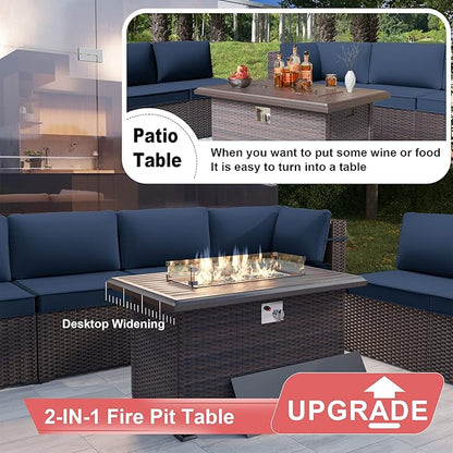 Patio Furniture Sectional Sofa Set 10-Pieces PE Rattan Swivel Rocking Chairs Outdoor Furniture Set w/43in Gas Fire Pit Table, Patio Conversation with 55000 BTU Propane Fire Pit, Navy Blue