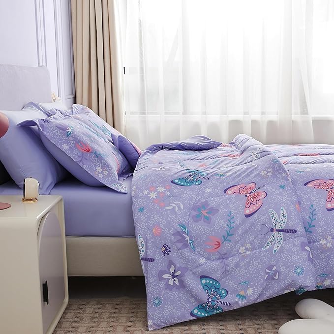 Mooreeke Bed in a Bag for Kids Girls Teens, 8 Pieces Full Size Comforter Bed Set with Shams, Sheet Set and Decorative Toy Pillow, Butterfly Purple Super Soft Microfiber Kids Comforter Bedding Set