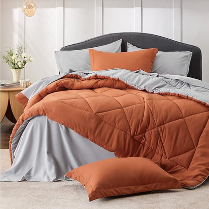 Bedsure Burnt Orange Twin XL Comforter Set - 5 Pieces Reversible Twin XL Bed in a Bag Twin XL Bed Set with Comforters, Sheets, Pillowcase & Sham, Twin XL Bedding Sets