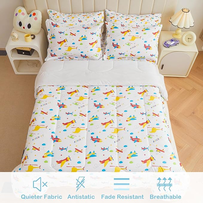 Mooreeke Bed in a Bag for Kids Boys Teens, 5 Pieces Twin Size Aircraft Print Comforter Bed Set with Shams, Sheet Set, Airplane White Super Soft Microfiber Kids Comforter Bedding Set