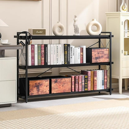 HCHQHS Bookshelf, 3-Tier Long Industrial Bookcase, Black Open Book Shelf, Freestanding Horizontal Bookshelves with Metal Frame