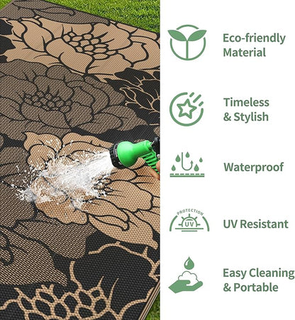 GENIMO Outdoor Rug Waterproof for Patio Decor, 8' x 10' Reversible Plastic Straw Floral Camping Carpet, Large Area Rugs Mats for RV, Camper, Deck, Balcony, Porch, Beach, Picnic, Mix-Black & Brown