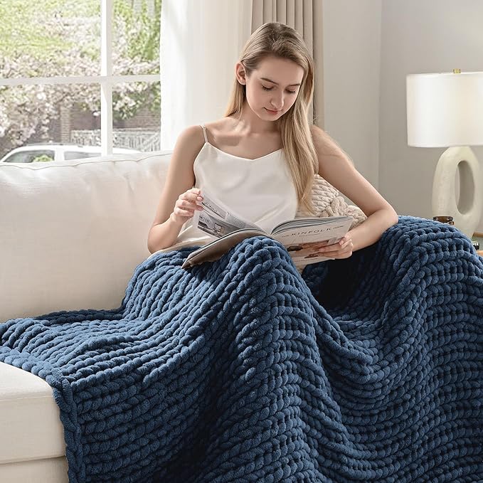 Esterra Chunky Knit Throw Blanket Newly Upgraded Heavy Tighter Version, Handmade Chenille Throw Super Soft, Thick Yarn Cable Knit Crochet Throw Blanket for Couch Bed Sofa, 50"x60", Navy Blue
