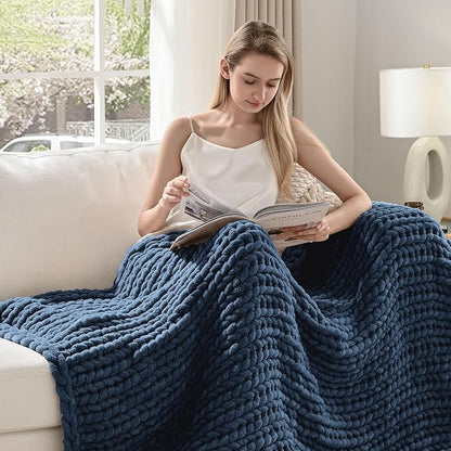 Esterra Chunky Knit Throw Blanket Newly Upgraded Heavy Tighter Version, Handmade Chenille Throw Super Soft, Thick Yarn Cable Knit Crochet Throw Blanket for Couch Bed Sofa, 50"x60", Navy Blue