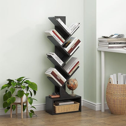 Hoctieon 6 Tier Tree Bookshelf, Tall Bookcase with Drawer, Freestanding Book shelf, Display Floor Standing Storage Shelf, Book Organizer Shelves for Home Office, Living Room, Bedroom, Black