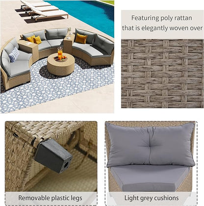 Outdoor 9 Pieces Patio Furniture Half Moon Wicker Sofa Sets, Fan-Shaped Curved Sectional Couch with Coffee Table and Gray Cushions, 1, Brown Rattan