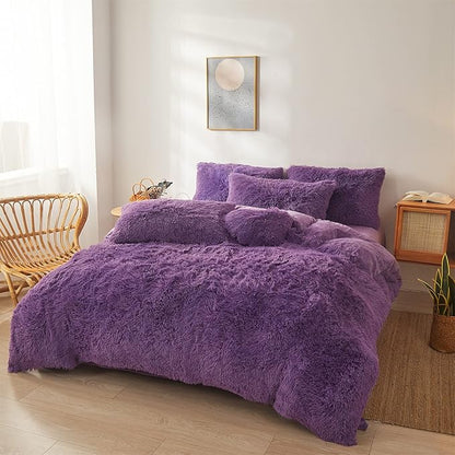 FOPPA Dark Purple Faux Fur Comforter Cover Set Ultra Soft Plush Bedding Sets 3 Pieces (1 Faux Fur Duvet Cover + 2 Faux Fur Pillow case) Zipper Closure (Queen, Dark Purple)