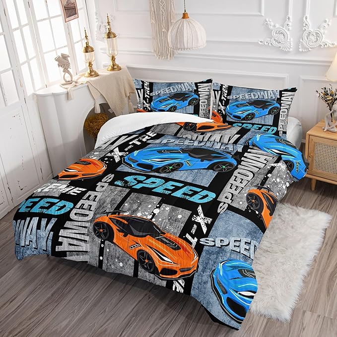 Datura home Sports Car Comforter Set Vintage Racing Car Printed Quilt Bedding Set with 1 Comforter and 2 Pillowcases for Boys and Girls Bedroom All Season(Sports Car Queen)