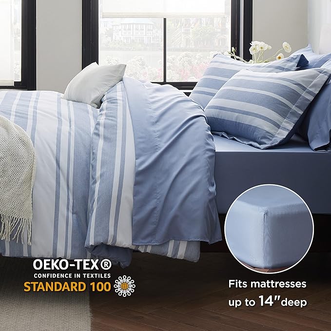 Bedsure Twin Comforter Set 5 Pieces, Blue White Striped Twin Bedding Sets All Season Bed Set, Twin Bed in a Bag with Comforter, Sheets, Pillowcase & Sham