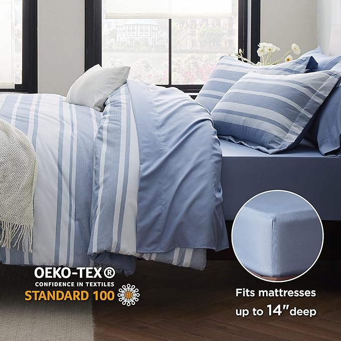 Bedsure King Comforter Set 7 Pieces, White Blue Striped King Bedding Set All Season Bed Set, Bed in a Bag King with Comforter, Sheets, Pillowcases & Shams