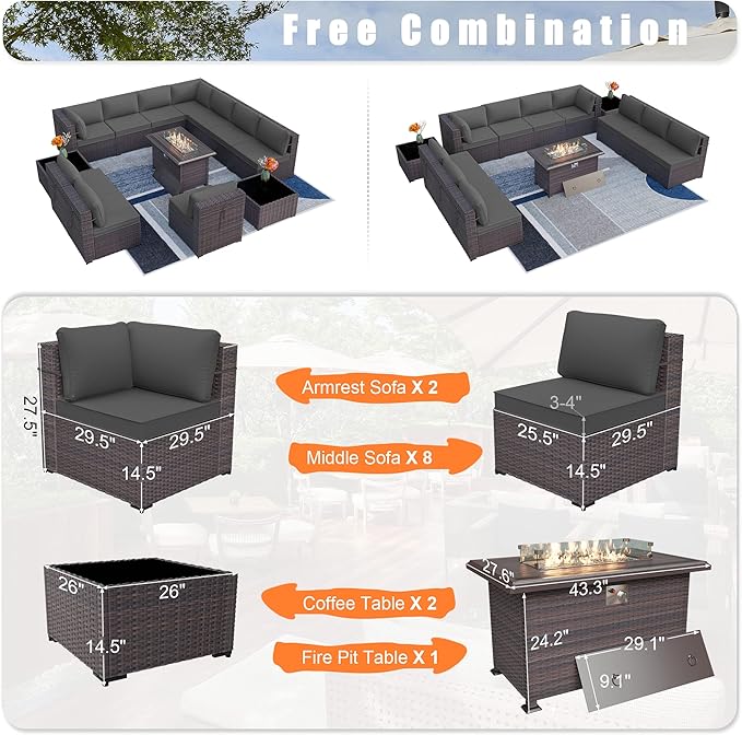Patio Furniture Set with Fire Pit Table 13-Pieces Outdoor Sectional Furniture Outdoor Rattan Patio Conversation Sets with 43in 55,000 BTU Propane Gas Fire Pit Table Glass Table, Grey