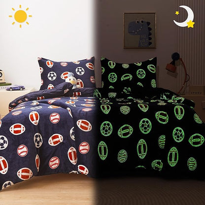 Mooreeke Glow in The Dark Twin Plush Fleece Comforter Bed Set, Soft & Warm 2 Piece Bed in A Bag with Sham, Velour Velvet Football Basketball Soccer Rugby Boys Kids Bedding Set, Fluffy Fuzzy Polar Cozy