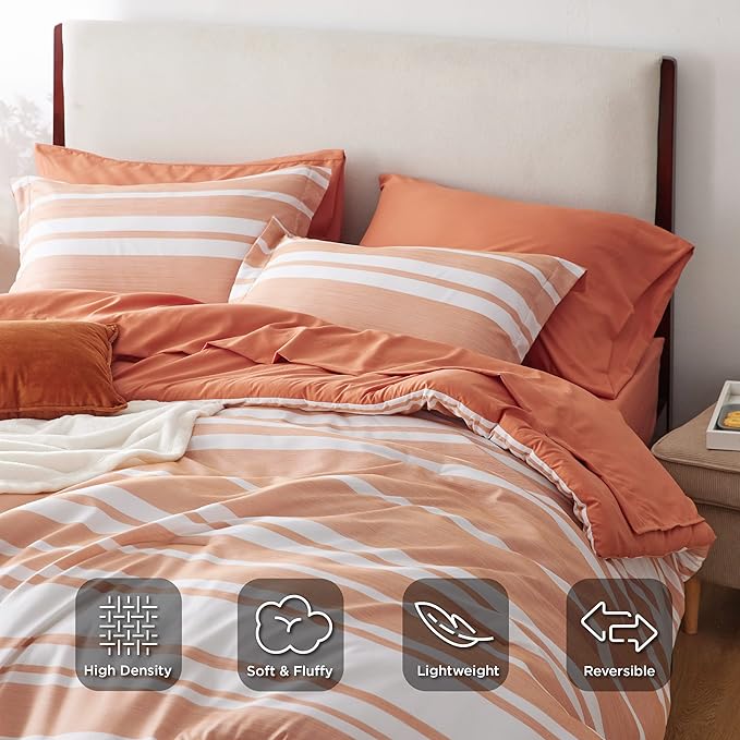 Bedsure Bed in a Bag Twin Size 5 Pieces, Burnt Orange White Striped Bedding Comforter Sets All Season Bed Set with 1 Pillow Sham, Flat Sheet, Fitted Sheet and 1 Pillowcase
