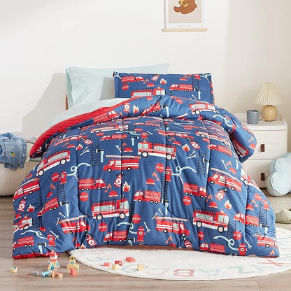 SLEEP ZONE Kids Bedding Comforter Set Full/Queen Size - Super Soft & Cute Printed 3-Piece Comforter Set All Seasons for Boys, Girls, Fade Resistant, Machine Washable, Fire Truck