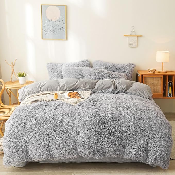 Fluffy gray comforters Cover twin size - Ultra Soft Plush gray bedding Sets 2 Pieces (1 faux fur comforter Cover + 1 fuzzy pillow case) girls shaggy gray twin bed set (Gray, Twin)