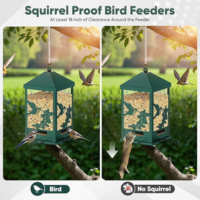 Squirrel Proof Bird Feeders for Outdoors, 6LBS Extra Large Capacity Hanging Metal Bird Feeder with Weight-Activated Perches, Wild Bird Feeders for Outside Finch, Cardinal, Blue Jay