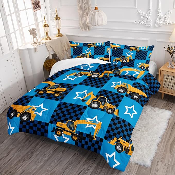Axolotl Excavator Comforter Set Twin Size,Blue Plaid Comforter Set with Star,Excavator Bedding Set for Kids Boys Teens,Construction Vehicle Comforter Set for Boys,1 Quilt 2 Pillowcases