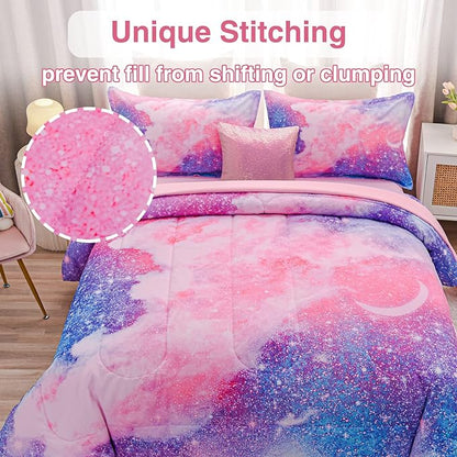 A Nice Night Galaxy Bedding Sets Outer Space Comforter 3D Printed Space Quilt Set Twin 6Pcs Glitter Pink,for Children Boy Girl Teen Kids